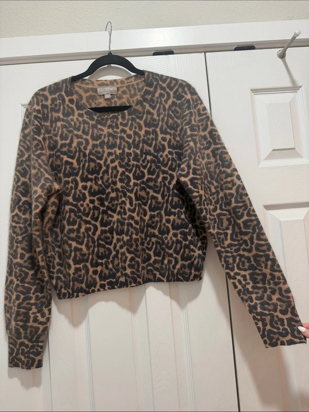 J Crew Brushed Cashmere Shrunken Crewneck Sweater In Leopard Print Medium